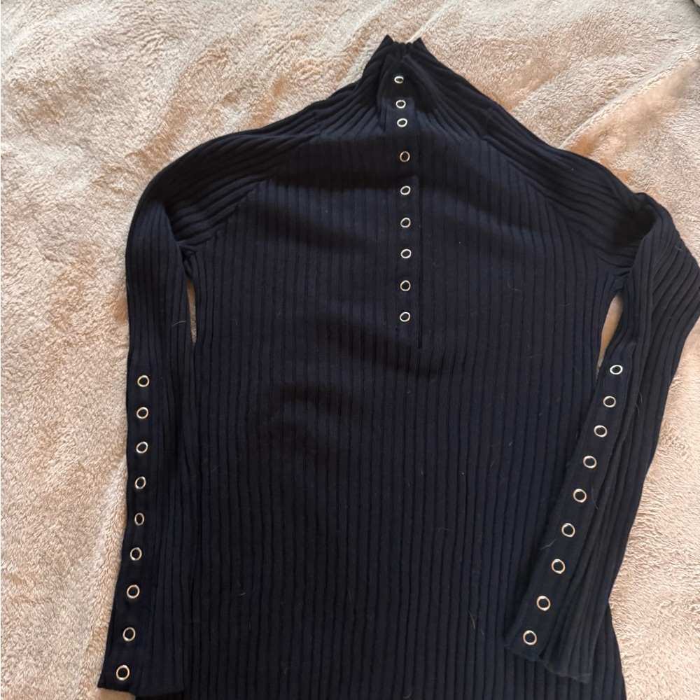 Black Ribbed Long Sleeve Top with Button Details